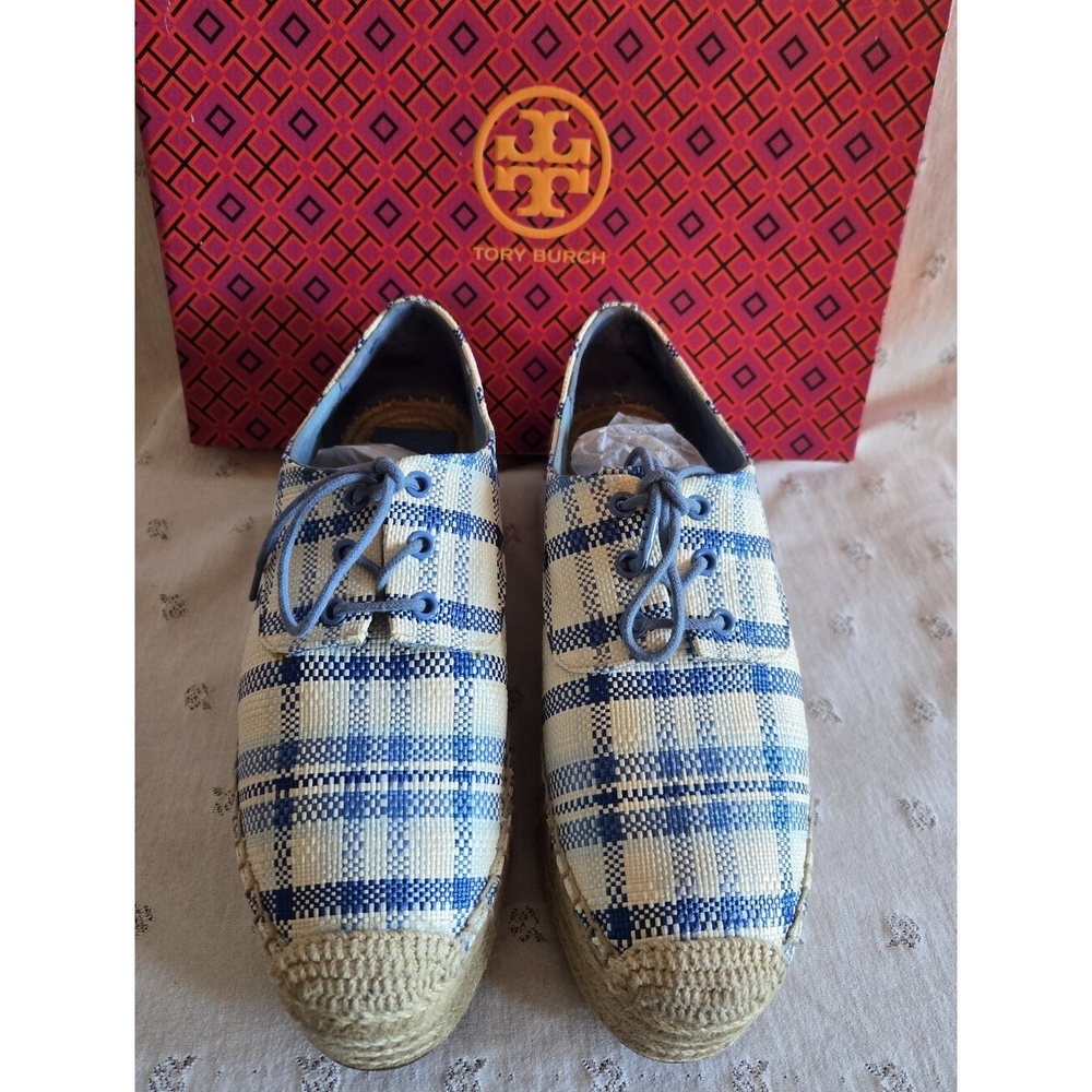 Tory Burch Blue and Cream Plaid Platform Espadrille Lace-Up Shoes Size 9